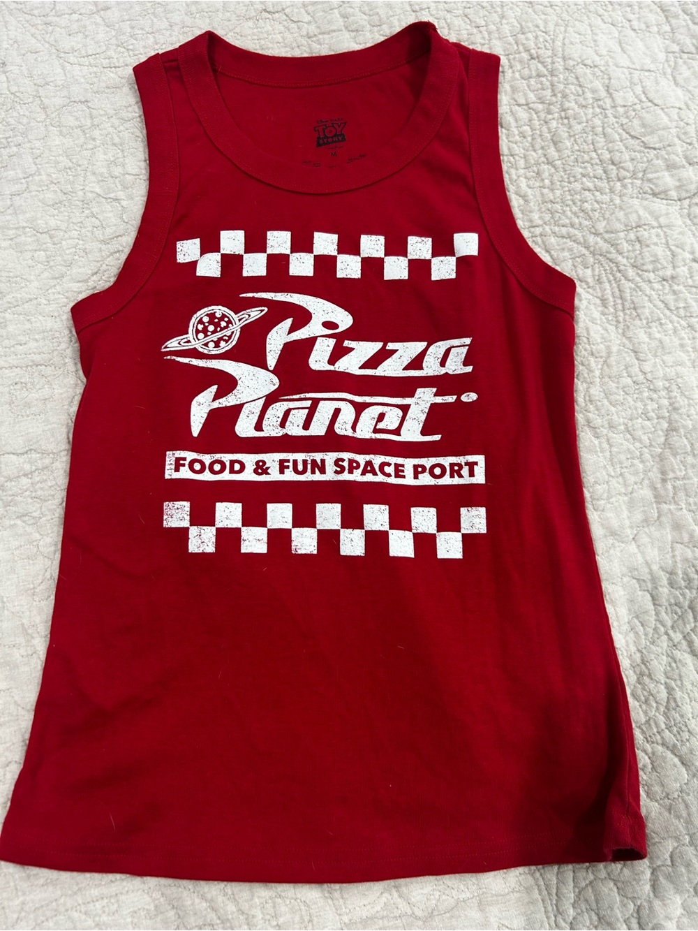 Disney Red Tank Top with White Pizza Planet Graphic